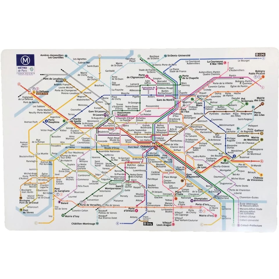 Gelamineerde placemat met kaart van de metro van Parijs / Set de Table