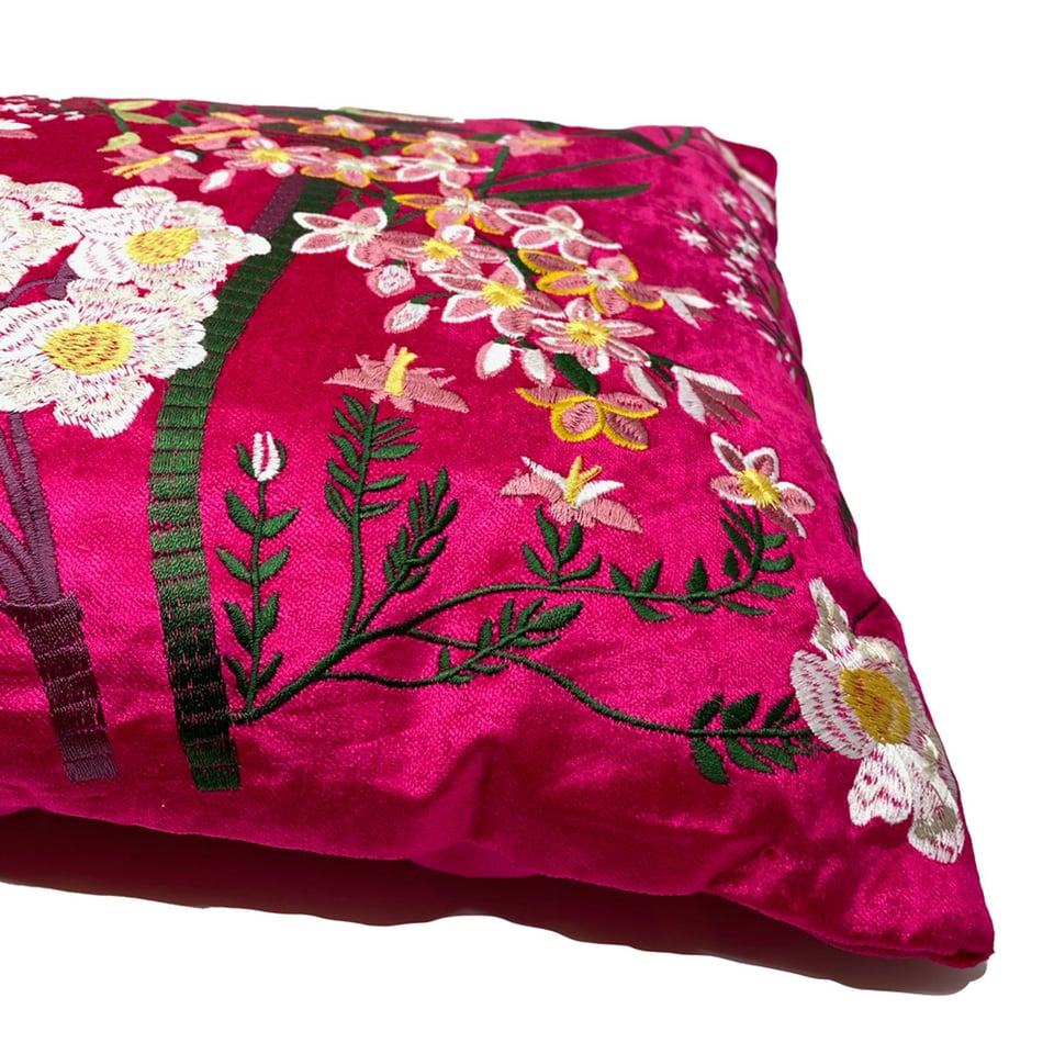 Sierkussen Bloemen Fuchsia Multicolor Velours 60x35cm