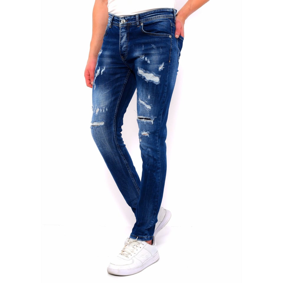 Heren Blauwe Slim Fit Jeans Met Gaten -DC-047