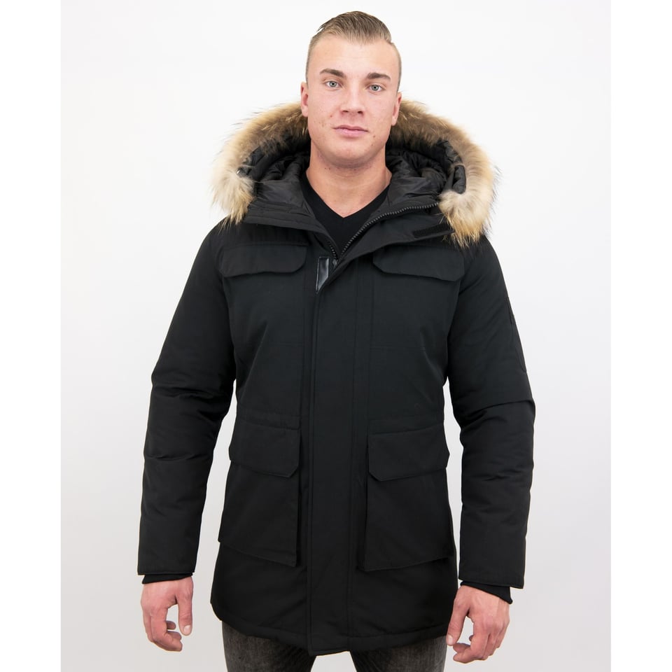 Heren Parka Winterjas Met Grote Echte Bontkraag Zwart