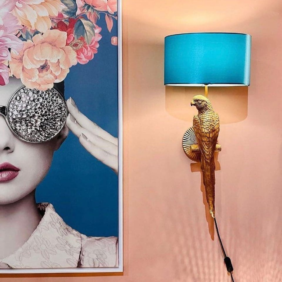 Wand Lamp Percy Links Papegaai Goud + Turquoise Kap 33x70cm Set