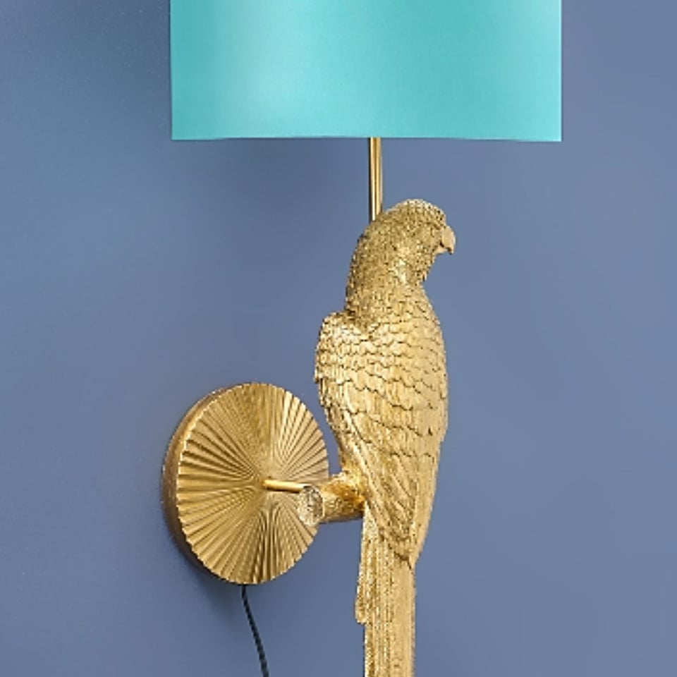 Wand Lamp Percy Rechts Papegaai Goud + Turquoise Kap 33x70cm Set