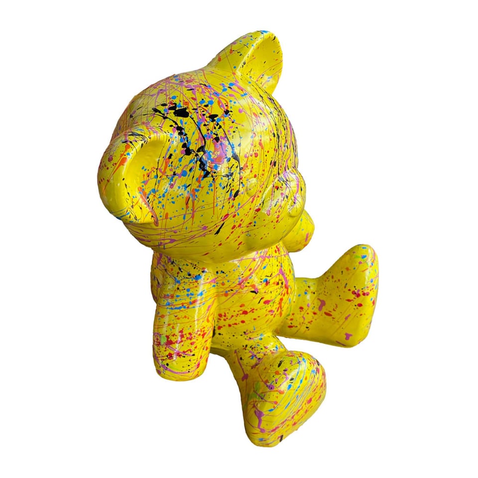 Beeld Design Beer Zittend Geel Multicolor Splash 30x32cm
