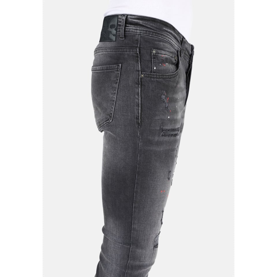 Heren Ripped Biker Jeans Met Verfspatten Slim-Fit -MM107- Zwart