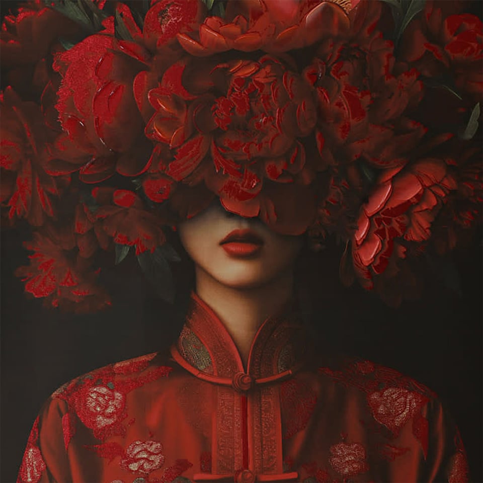 Schilderij Vrouw Met Rode Bloemen Op Canvas 83x123cm Ingelijst